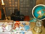 Fisher Price lighted globe, box cameras,  & printer's trays
