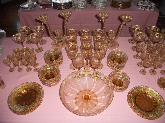 Venetian glass service is marked C.V.M. for Compagnia Venezia Murano, made by Pauly & C