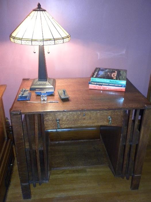Mission Library Table and Antique Desk Set with Frank Lloyd Wright Lamp (Reproduction)