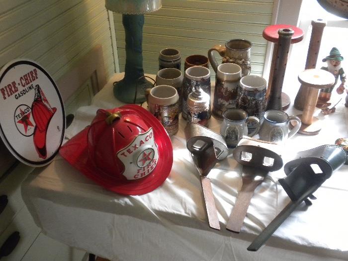 Van Briggle Lamp, Vintage Toy Fire Chief Helmet, View Masters and Beer Steins 