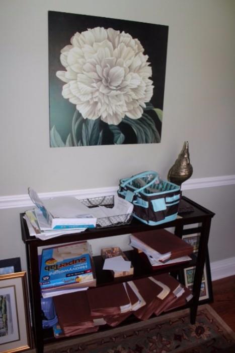 Small Shelving Unit and Framed Floral