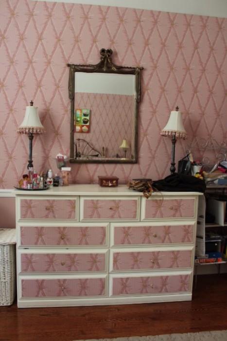 Pink & White Dresser, Mirror & Pair of Lamps