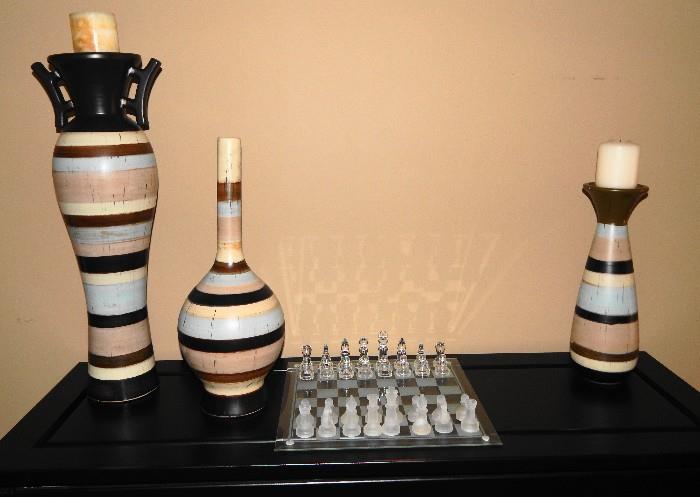 Candle holder, vase and chess set