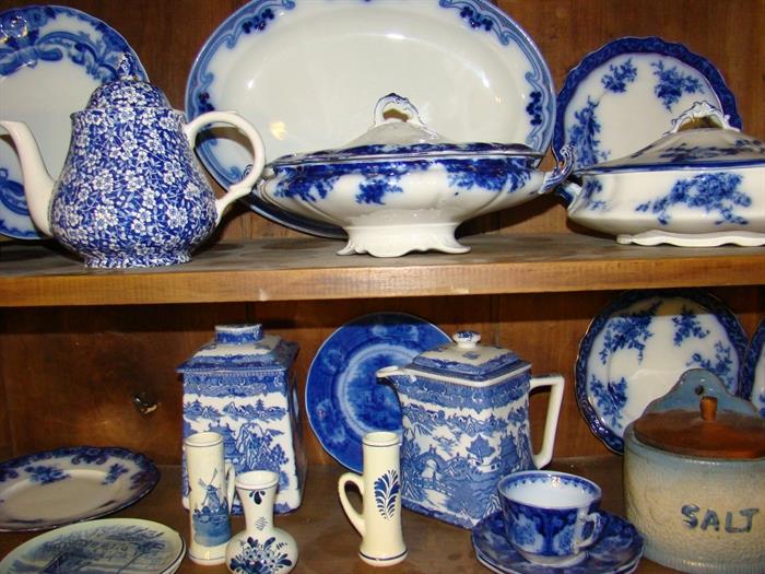 Large collection of flow blue porcelain featuring a big set of Lochs of Scotland china.