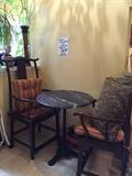 Wrought iron marble top bistro table and pair of Shanghai chairs