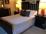 Portico Master Queen bed, including headboard, footboard, boxspring and mattress. RED LAMPS in PHOTO ARE NOT FOR SALE