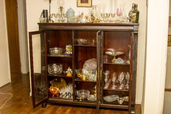 1950's era cherry wood glass china cabinet with entry by skeleton key. 