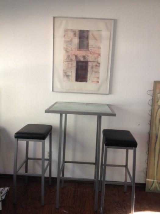 Pub table and 2 stools,  with watercolor painting
