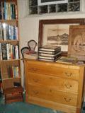 3 drawer dresser. Circa 1890. Sports Books. Lacrosse sporting equipment. stool.