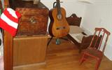 Twin bed, vintage faux painted trunk, Yamaha classical (nylon stringed) guitar in very good condition, Victorian doll bed, vintage child's/doll's chair, 1990's toy box.