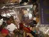 Vintage buttons. Costume jewelry. Sewing notions. Patterns. Small amount of material, stuffing, thread, needles.