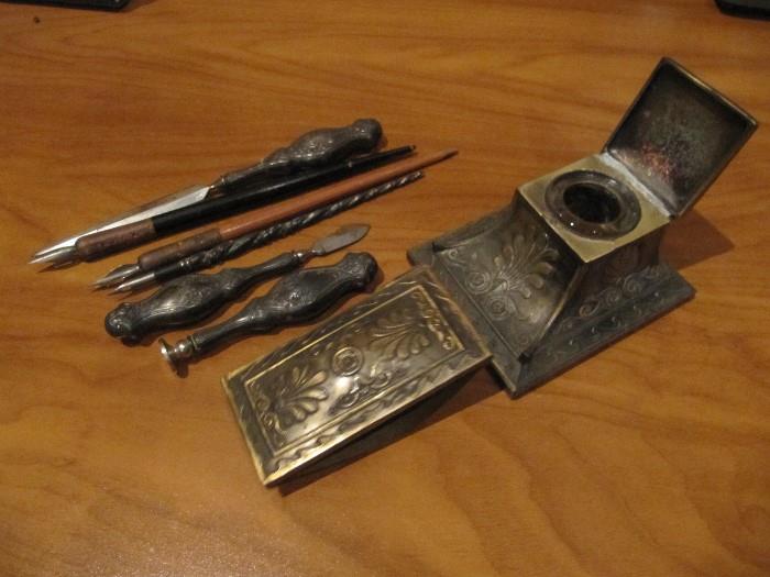 Sterling Desk Set  and Metal Blotter and Ink Well