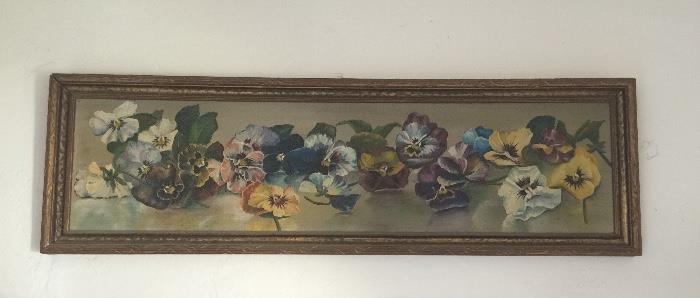 Turn of the Century 1900 yard long pansies oil painting #antique 