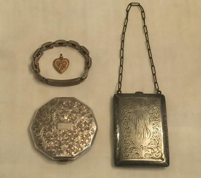 Sterling ID bracelet, antique sterling compact and coin and money chatelaine purse