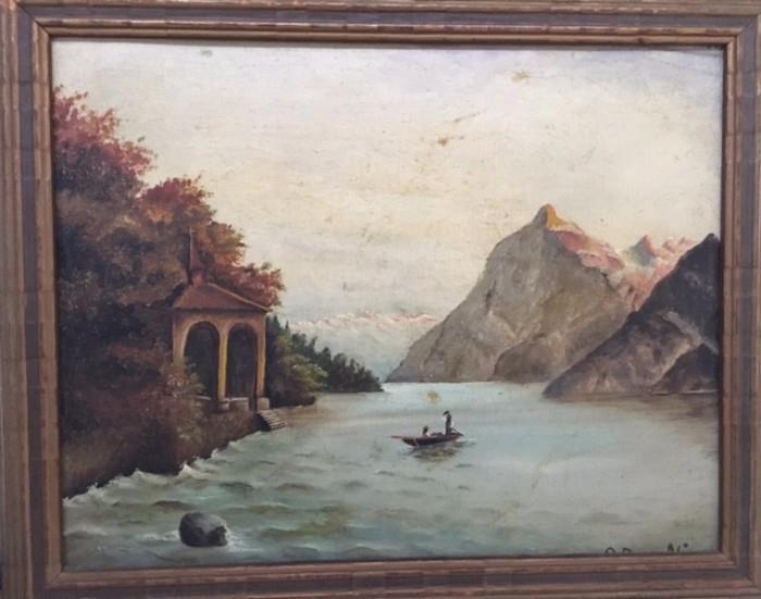 Early oil painting of mountaines and creek/river