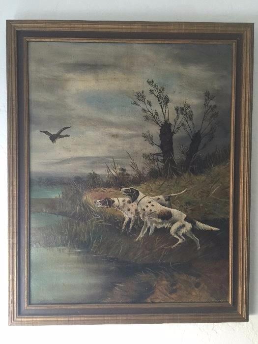 Great oil painting of hunting dogs on edge of creek