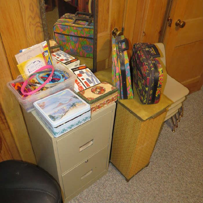 70's suitcases; sewing items; 4 stackable children's chairs; vintage clothes hamper; filing cabinet
