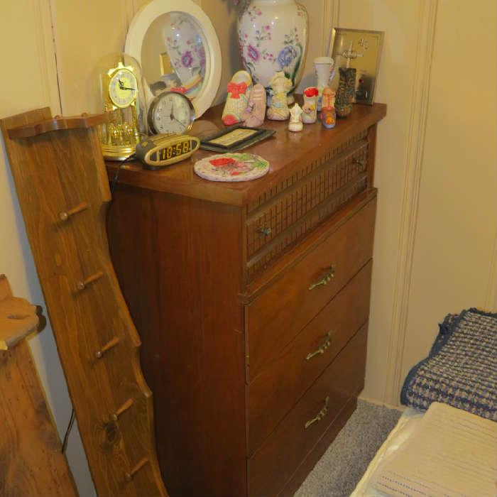 70's chest of drawers; china shoe collection; clocks; wooden shelving
