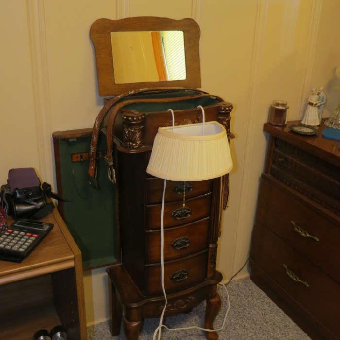 Vintage headboard light; jewelry cabinet' binoculars