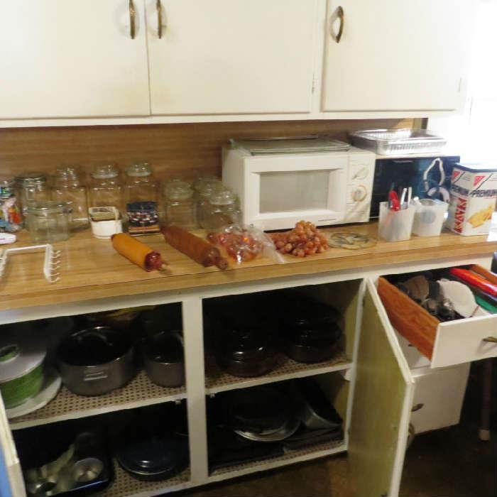 microwave; toaster over; cookware; glass storage jars