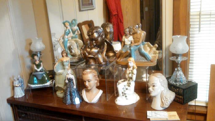 Vintage lady figurine; headvase collection; vintage dresser lamps; 70's mirrored dresser