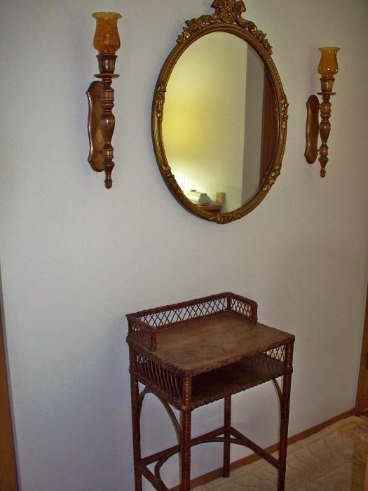 Wicker Desk Stand, Mirror and Candle Sconces.