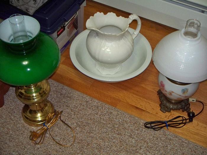 Lamps, Pitcher and Wash Basin.