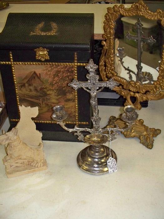 Sick Call Crucifix, Writing Desk Box, Scottie Bookends, and Ornate Brass Table Mirror.