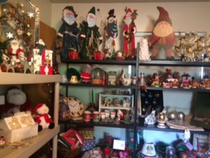 Fabulous Christmas items, metal, wood and ceramics, candles, night lights, clock, cookie jar, stuffed animals.;