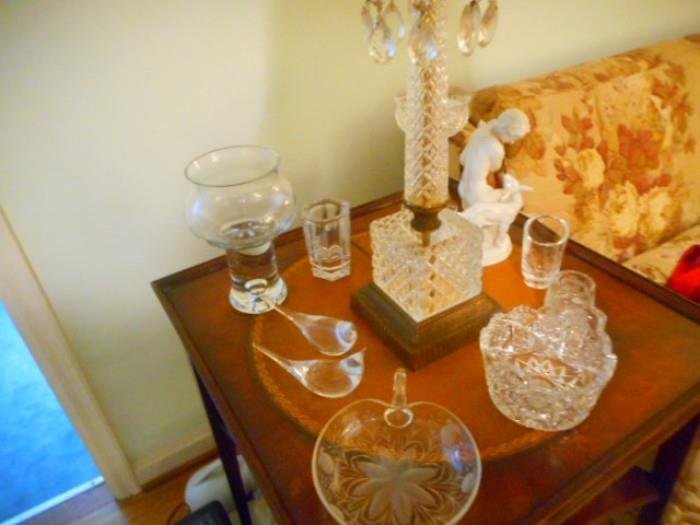 Waterford and misc crystal with antique side table