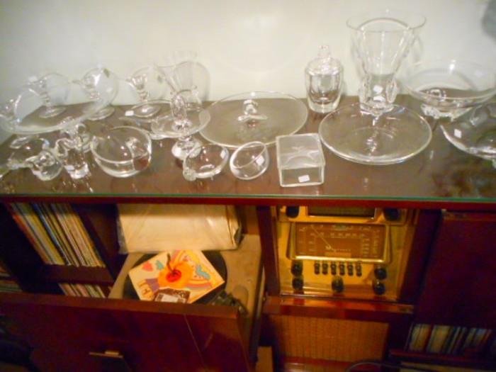 Steuben glass and Magnavox radio with turn table