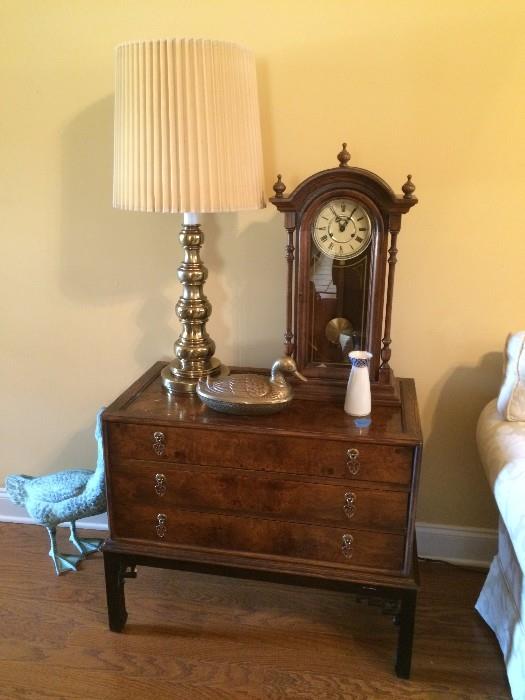 lamp, clock , chest /end table with drawers
