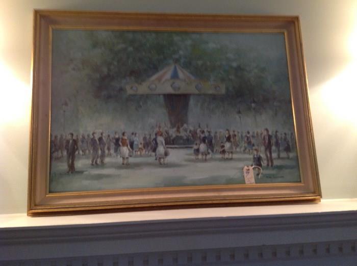 Oil or Acrylic on Canvas in frame - 29" t x 34" wide in frame.  Mid 20th century park carousel with strollers.  Signed Jean Daumier (France 1946-?).  Appraised value $ 150.00