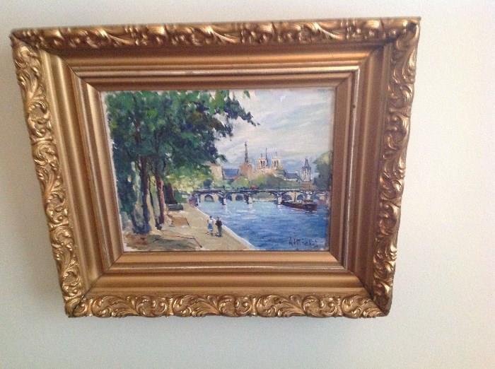 Oil on Canvas in Frame.  12.5" t x 14.5" wide - River Seine image - signed A. Michel - gold painted finished embossed frame - Appraised Value $ 40.00