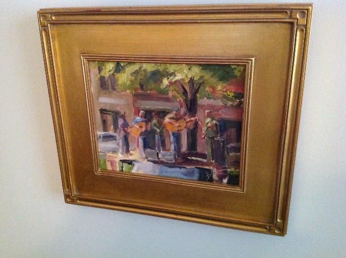 Oil on Board in Frame - 13.5" t x 16.5" wide - Contemporary Band Performing Outdoors - Signed "Diaz" - Appraised Value $ 100.00