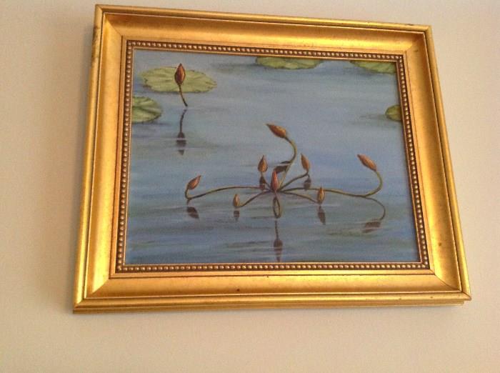 Acrylic on Canvas in Frame - 14" t x 17" w in frame - Solitary Lily in Water - Unsigned - Appraised Value $ 40.00