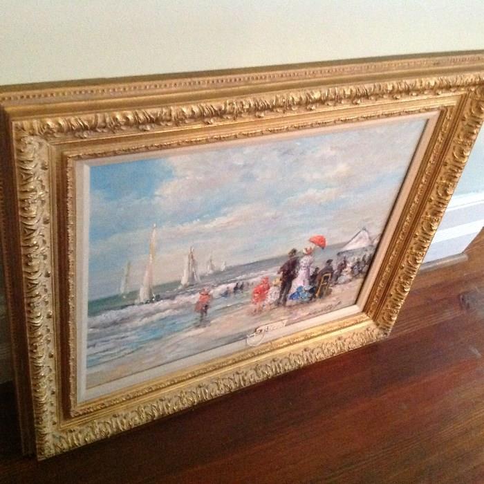 Oil on Canvas in Frame - 27.5" t x 32.5" w - impressionistic beach scene / late 19th century.  Signed "Leontief" - Appraised Value $ 100.00