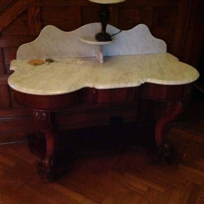 Marble Top Foyer Table w Splash back and drawer $ 340.00