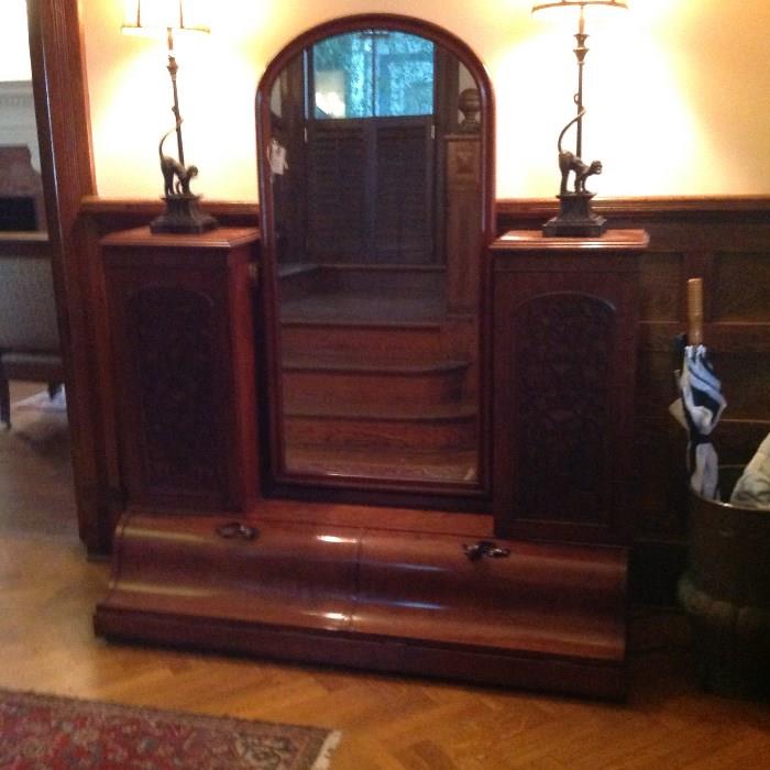 Rare Antique Mahogany Center Mirror Cabinet - side opening cabinets and fold open cabinets underneath $ 700.00