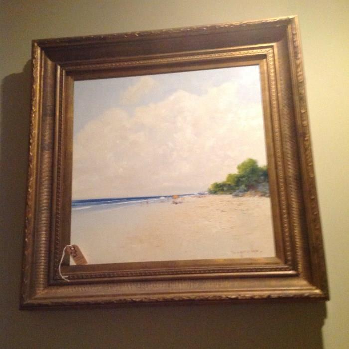 Oil on Canvas in Frame - 33.5" t x 34" wide - wide angle beach scene - Jorge Segrelles (Spain 1953 -   ), late 19th to early 20th century frame.  Appraised Value $ 350.00