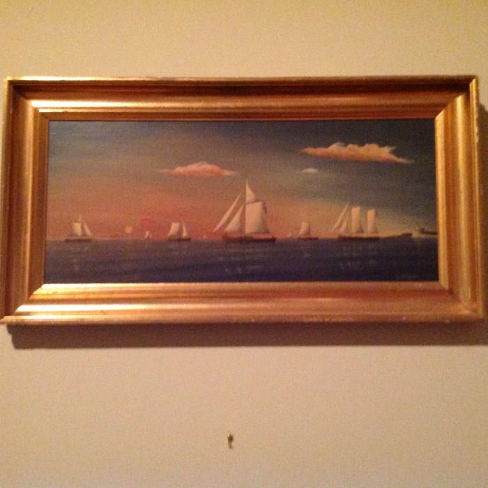 Oil on Cardstock in Frame - 16.5" t x 31.5" w - Realist seaport - Wilh. Erichsen (Denmark, late 20th century) $ 140.00