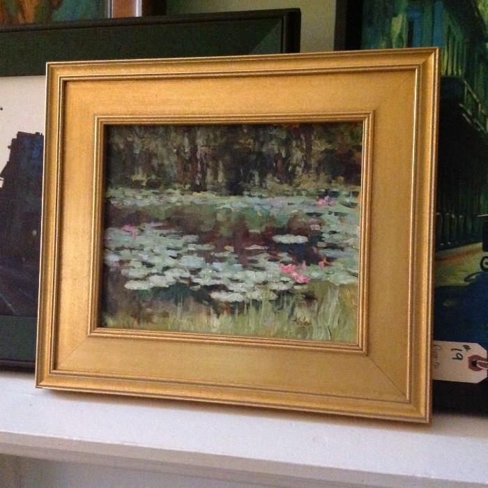 Oil on Canvas in Frame - 12.5" t x 13.75" w - Lily Pond - signed "Kaler" - artist is possibly Gladys Kaler (USA, late 20th century)  - gold paint finished molded framing - Appraised Value - $ 80.00