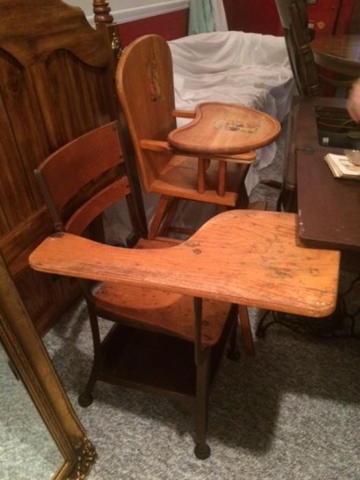 Antique Baby High Chair - wooden, good condition (1950s) and Child School Desk (old school style! right-handed)