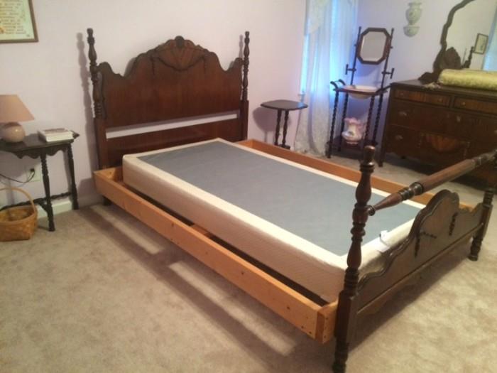 Antique 7-piece Bedroom Suite circa 1920s - gorgeous dark wood full-size bedroom suite in excellent condition (no work needed!), includes headboard, foot board, bed frame (original one not pictured here), vanity with mirror and stool, wardrobe, dresser and matching mirror. 