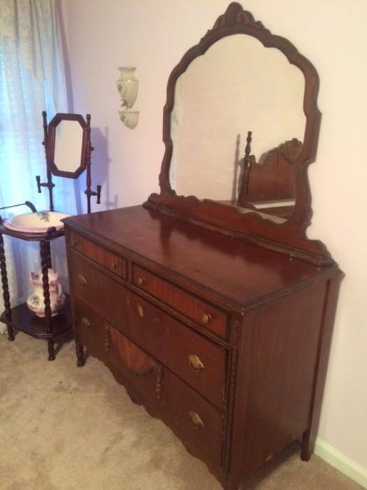 Antique 7-piece Bedroom Suite circa 1920s - gorgeous dark wood full-size bedroom suite in excellent condition (no work needed!), includes headboard, foot board, bed frame (original one not pictured here), vanity with mirror and stool, wardrobe, dresser and matching mirror. 