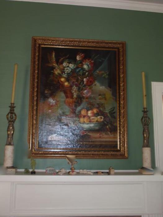 Very Large Antique Oil Painting purchased in France with Antique French Art Nouveau Marble based Candle Holders 