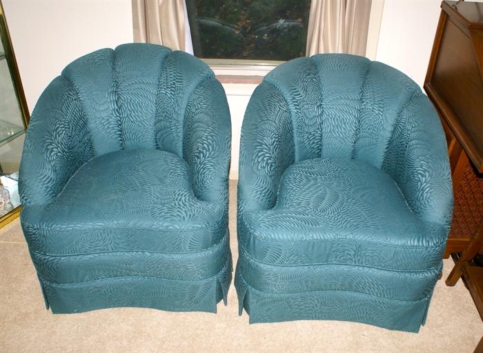 Two Bernhardt Furniture Green Fabric Barrel Chairs
