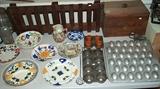 Mission style magazine rack, bread box, egg mold, majolica, etc...