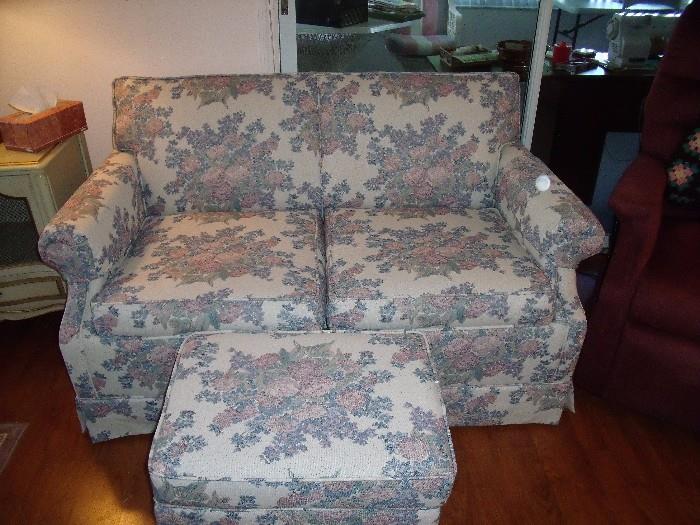 Ethan Allen upholstered sleeper love seat with  matching ottoman