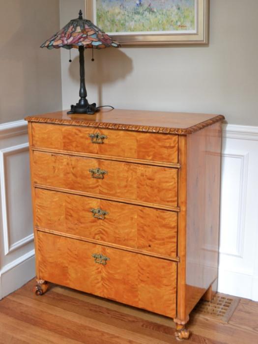 Quilted maple chest and Tiffany style lamp